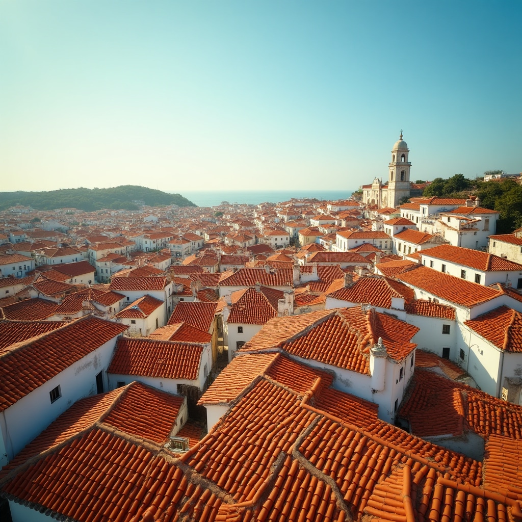 Sunlit Portuguese rooftops with terracotta tiles under clear blue sky