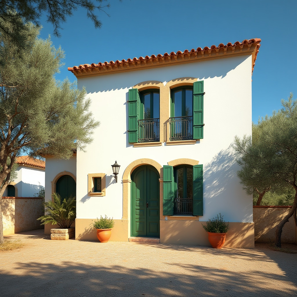 Traditional Portuguese villa with whitewashed walls and red tile roof under intense afternoon sunshine