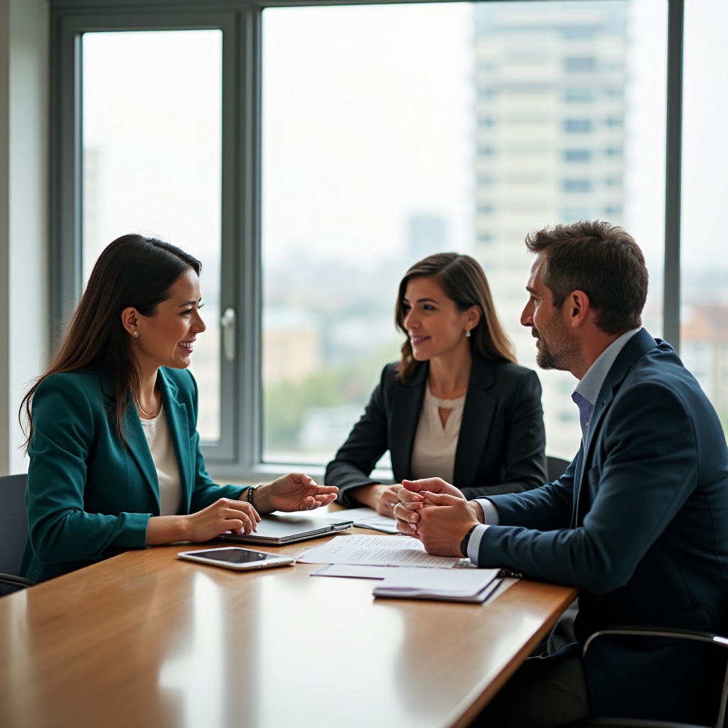 Independent solar advisor presenting assessment findings to a homeowner couple in a bright meeting room