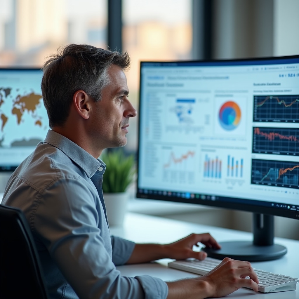 Technical advisor working on solar irradiation data and production calculations on a large monitor