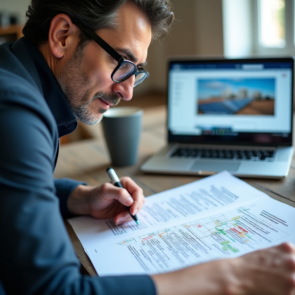 Portuguese government regulatory documents alongside solar panel technical specifications on a professional desk